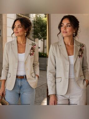 Ann Taylor Women's Career Hand-beaded Wood Flower TAN Cotton Blend Blazer SZ12